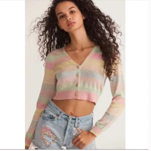 LoveShackFancy Asteria Stripe Crop Cardigan Sweater Pastel Striped Sz XS - Picture 1 of 10
